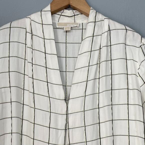Michael Kors Shirt Size XL Ivory Windowpane Plaid White Metallic Gold Popover - Picture 3 of 10